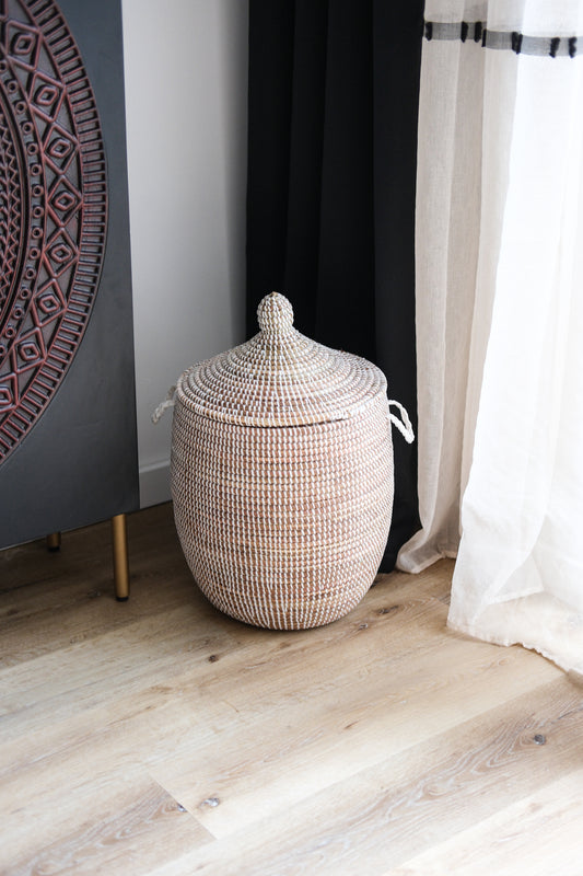 Witte Rieten Opbergmand met Deksel – Decoratieve Mand - Maat M – Handgemaakt