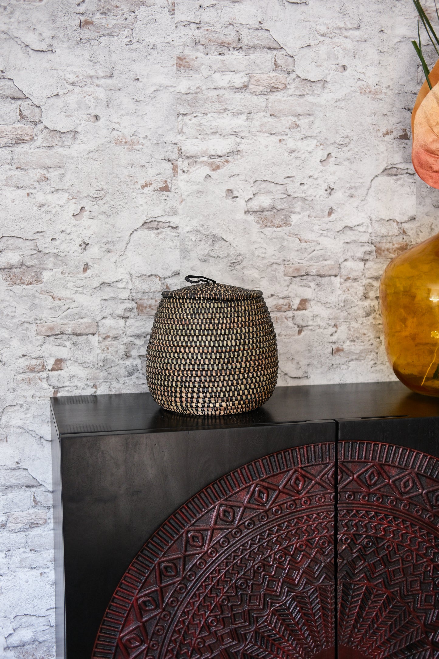 Korf zwart Decoratieve Opbergmand met Deksel - Uit Senegal