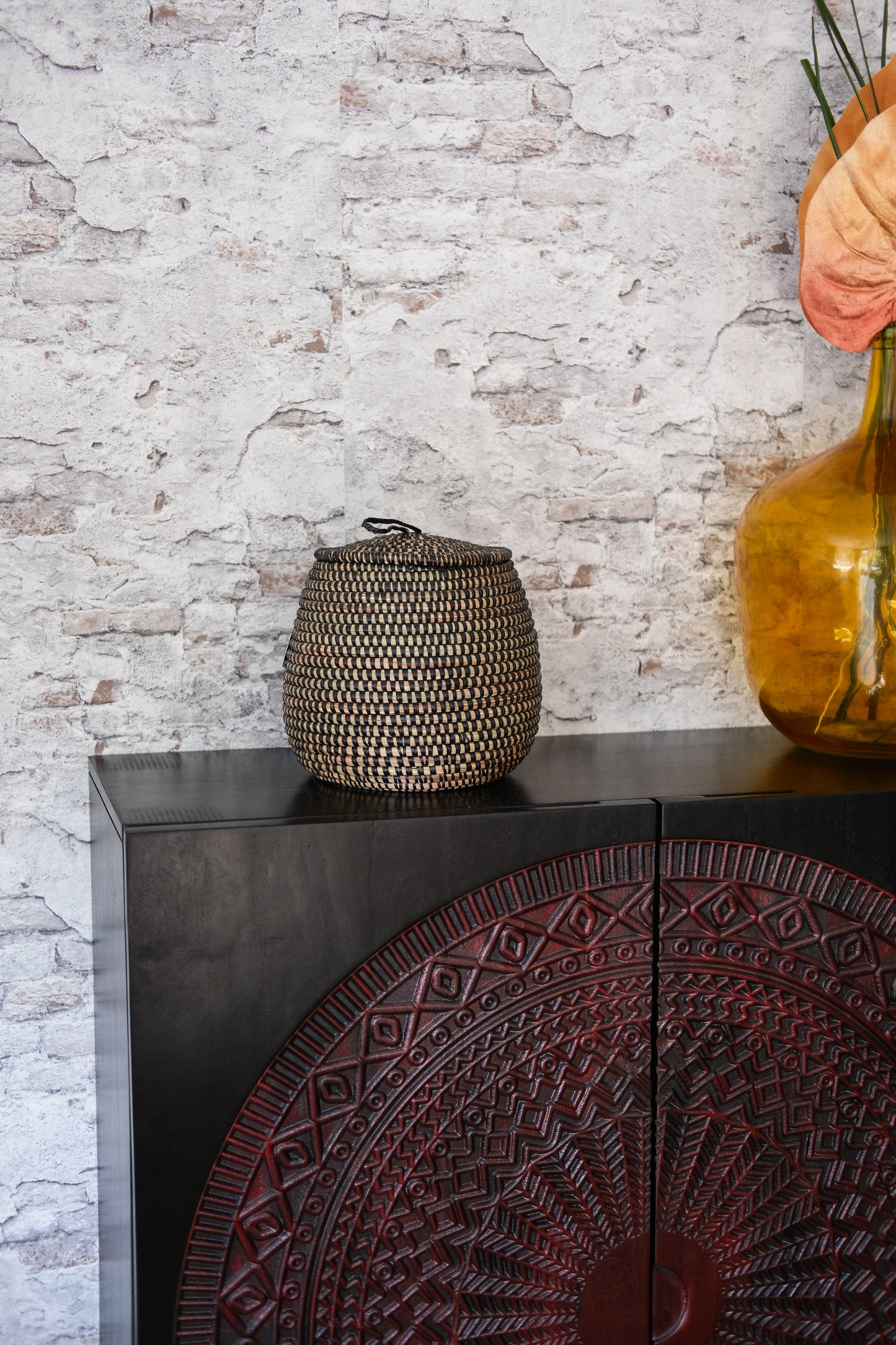 Korf zwart Decoratieve Opbergmand met Deksel - Uit Senegal