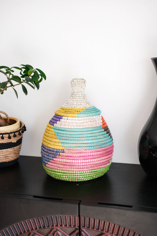 Dhah gekleurd Opbergmandje met Deksel – Regenboog Kleuren – Decoratief & Duurzaam