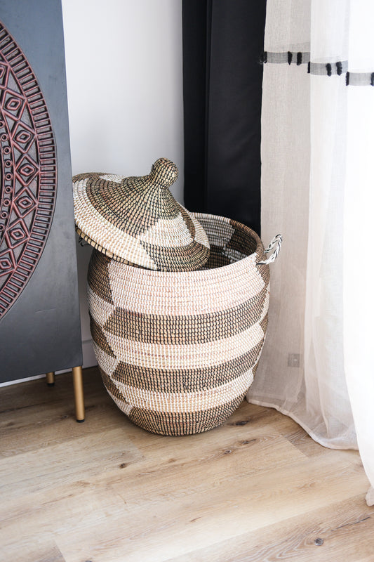 Bruin/wit Opbergmand - Maat M - Wasmand - Handgemaakt