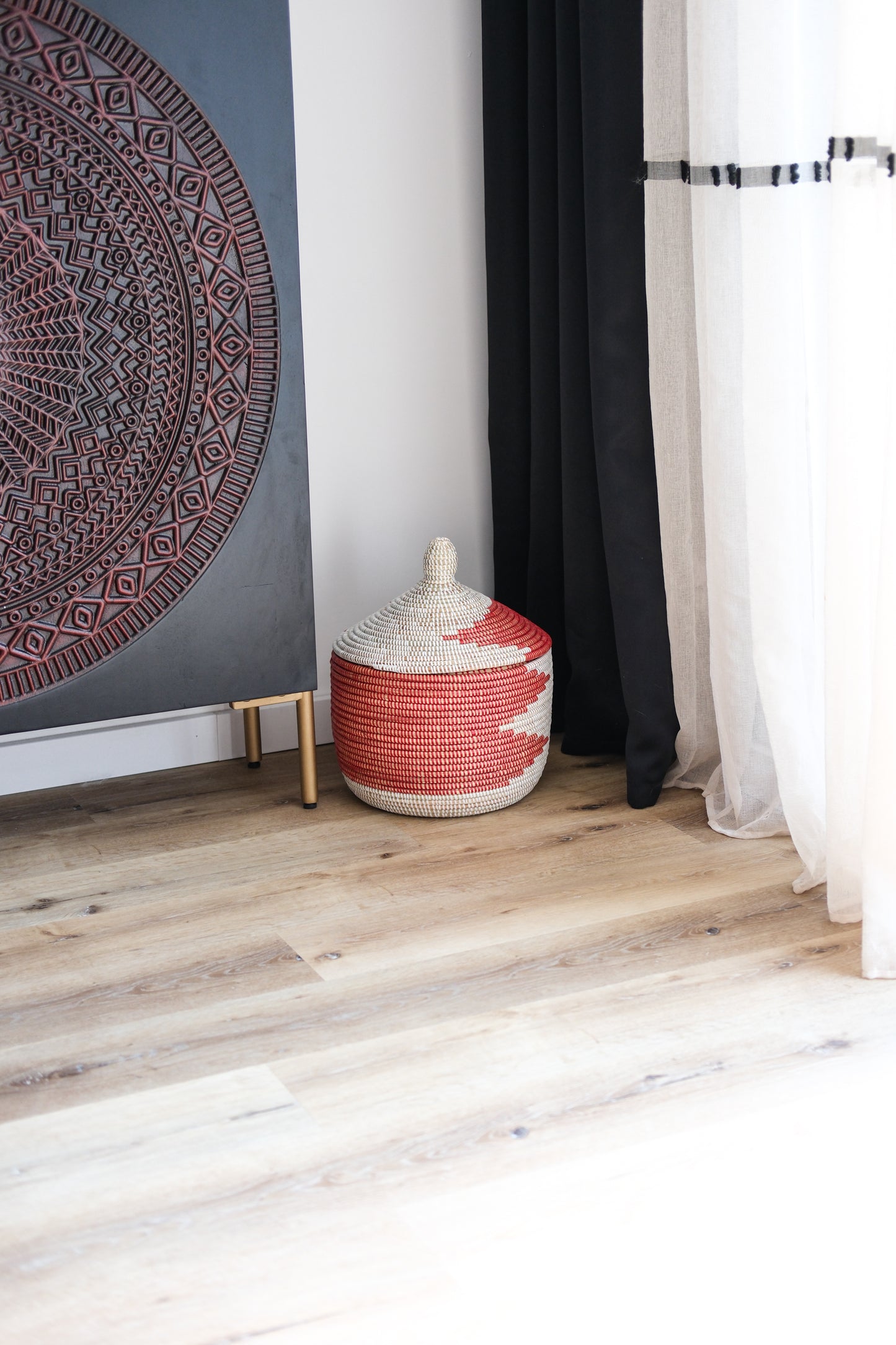 Teng rood/wit opbergmand met deksel - 30x28 cm - Handgemaakt