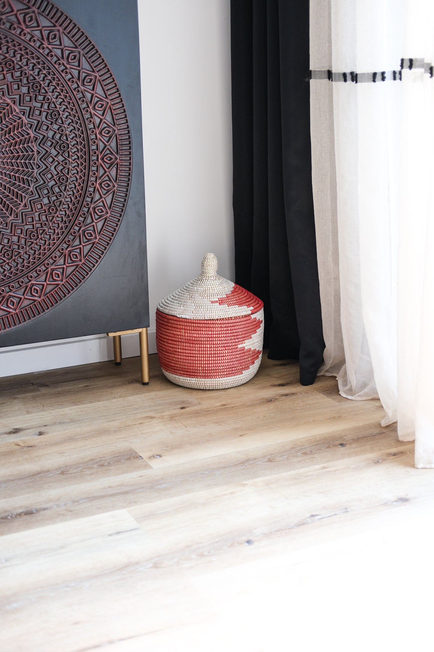 Teng rood/wit opbergmand met deksel - 30x28 cm - Handgemaakt