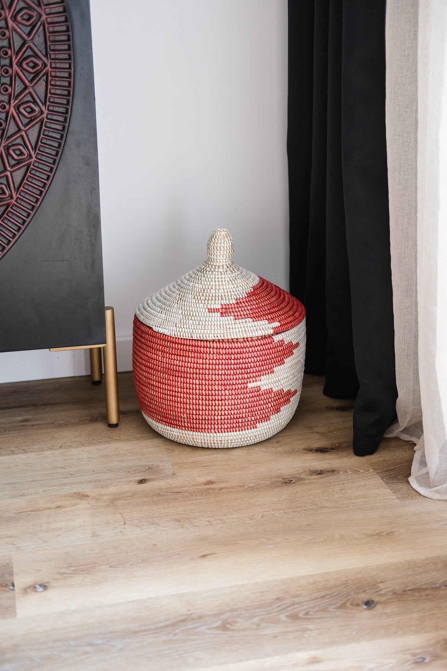 Teng rood/wit opbergmand met deksel - 30x28 cm - Handgemaakt