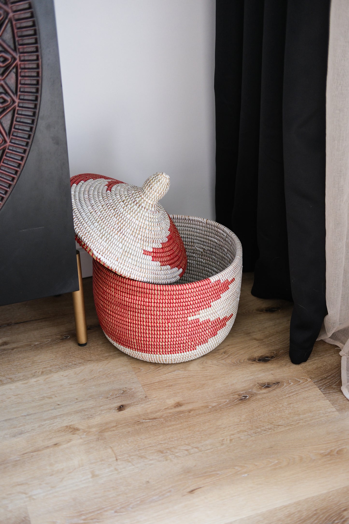 Teng rood/wit opbergmand met deksel - 30x28 cm - Handgemaakt