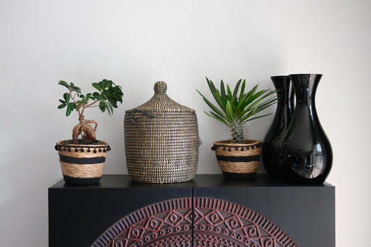 Hamper zwart opbergmand met deksel - Handgemaakt - 37x27cm