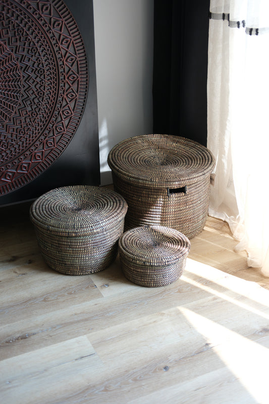 Set van 3 handgemaakte opbergmanden-zwart-met deksel-wasmanden