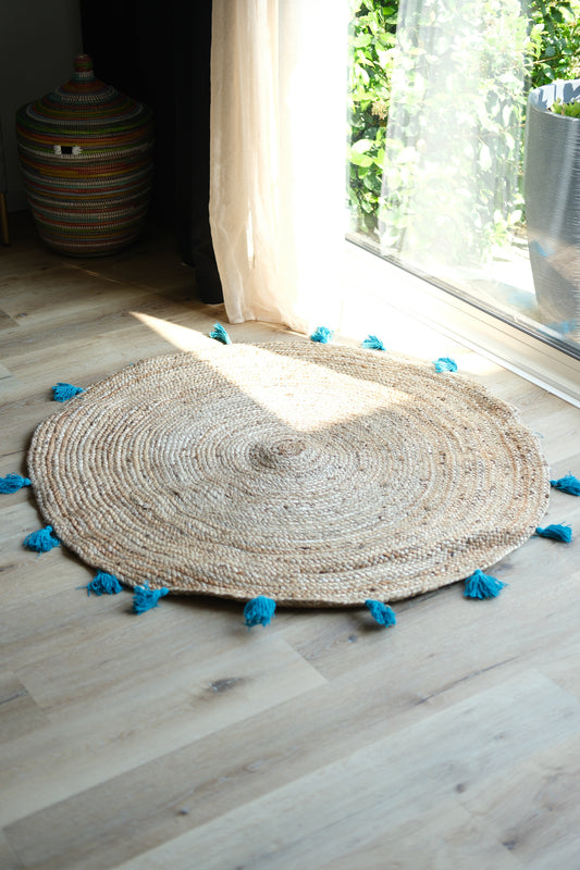 Jute vloerkleed met turquoise kwastjes - dia 120 cm - Tapijt turquoise - jute
