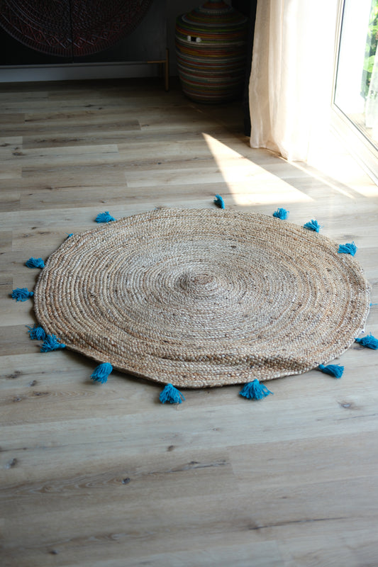 Jute vloerkleed met turquoise kwastjes - dia 120 cm - Tapijt turquoise - jute