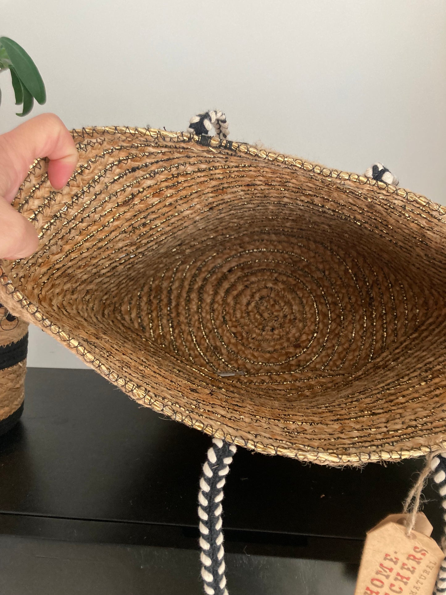 Schoudertas / Strandtas / Shopper, gevlochten van jute met gouden draad