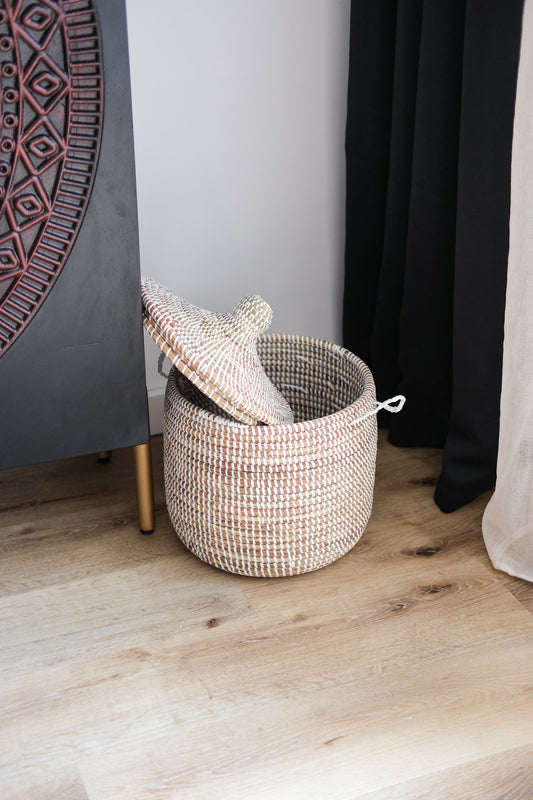 Hamper wit opbergmand met deksel - Handgemaakt - 37x27 cm