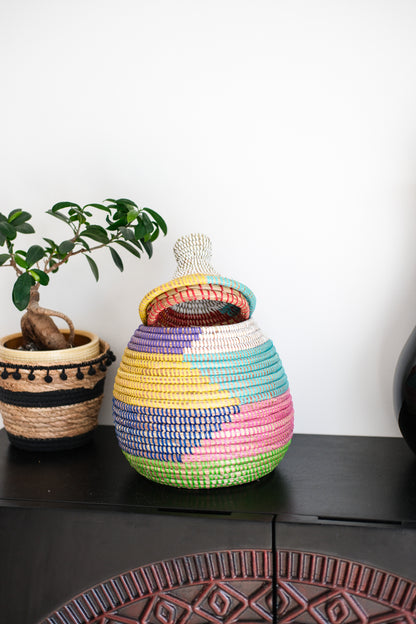 Dhah gekleurd Opbergmandje met Deksel – Regenboog Kleuren – Decoratief & Duurzaam