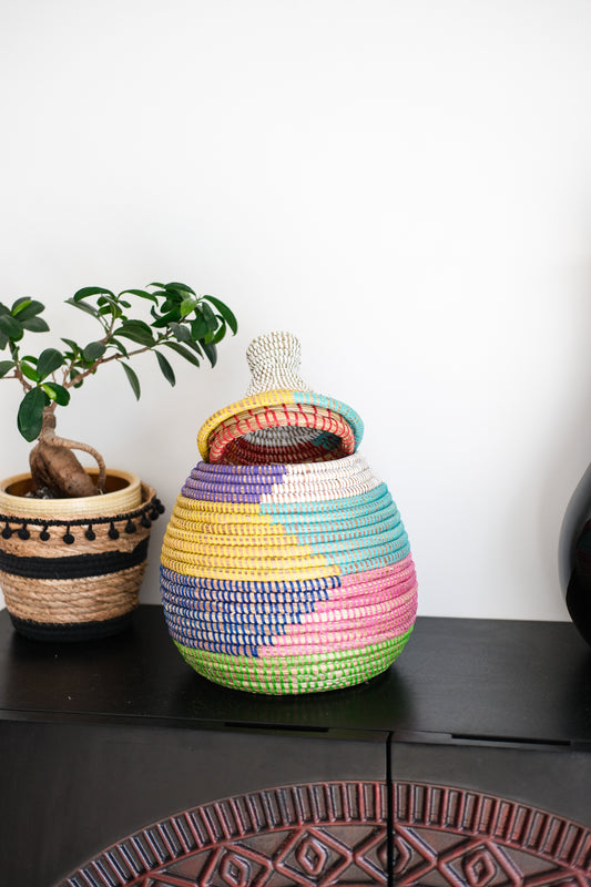 Dhah gekleurd Opbergmandje met Deksel – Regenboog Kleuren – Decoratief & Duurzaam