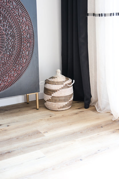 Hamper bruin/wit - Handgemaakte Rieten Opbergmand met Deksel  – 37x27 cm