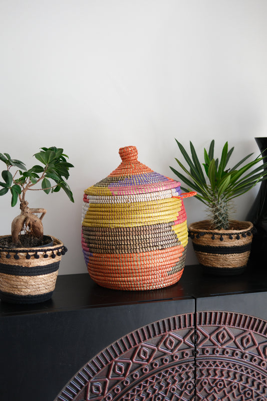 Hamper gekleurd opbergmand met deksel - Handgemaakt