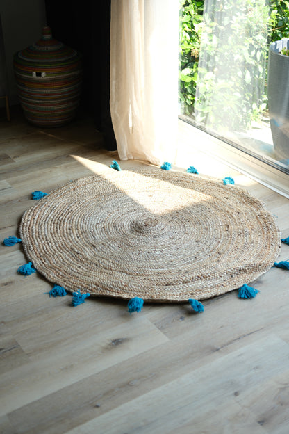 Jute vloerkleed met turquoise kwastjes - dia 120 cm - Tapijt turquoise - jute