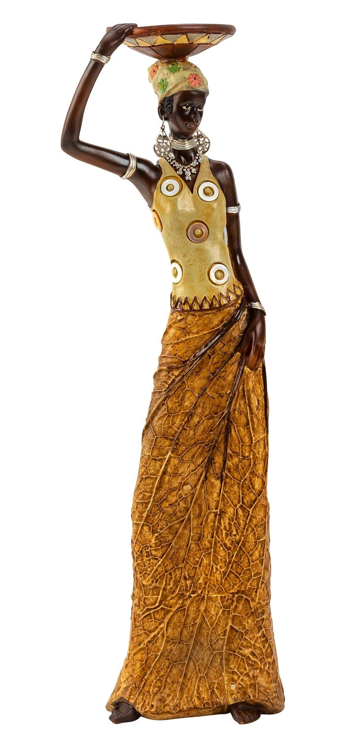 Afrikaanse Vrouw met Schaal op Hoofd – Handgeschilderd Decoratiebeeld in Kleurrijke Kleding
