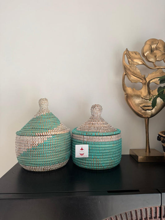 Turquoise Rieten opbergmandje met deksel - Handgemaakt
