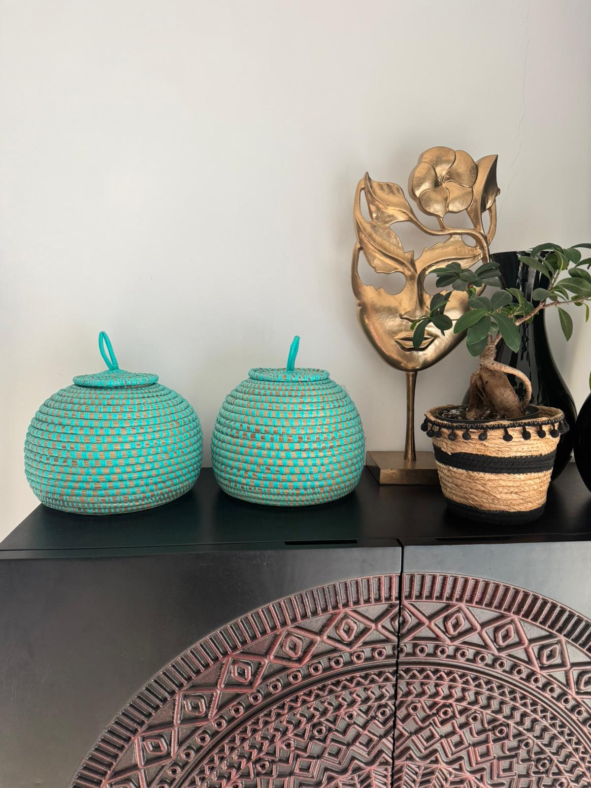 Korf turquoise - Decoratieve opbergmand met deksel - fairtrade