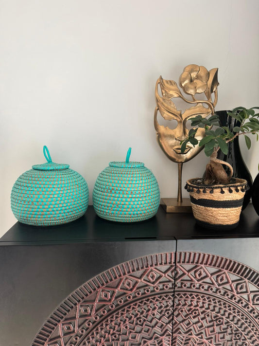 Korf turquoise - Decoratieve opbergmand met deksel - fairtrade