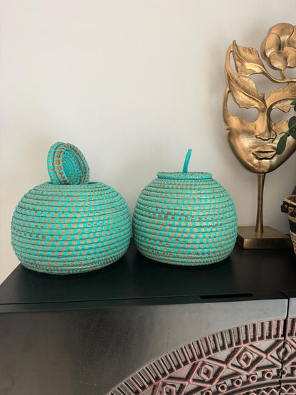 Korf turquoise - Decoratieve opbergmand met deksel - fairtrade