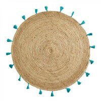 Jute vloerkleed met turquoise kwastjes - dia 120 cm - Tapijt turquoise - jute